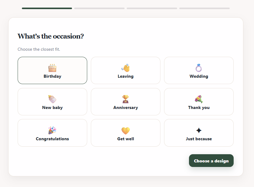 Choosing Birthday from the occasion options