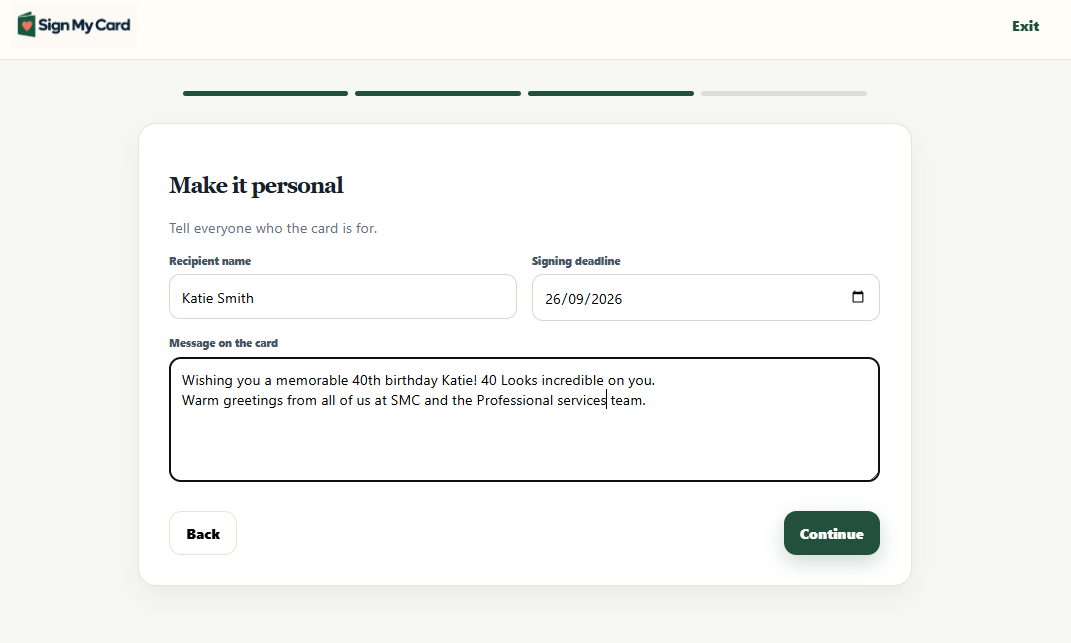 Adding the recipient, deadline and organiser message