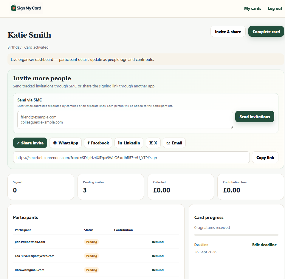The organiser dashboard showing invitation and sharing options